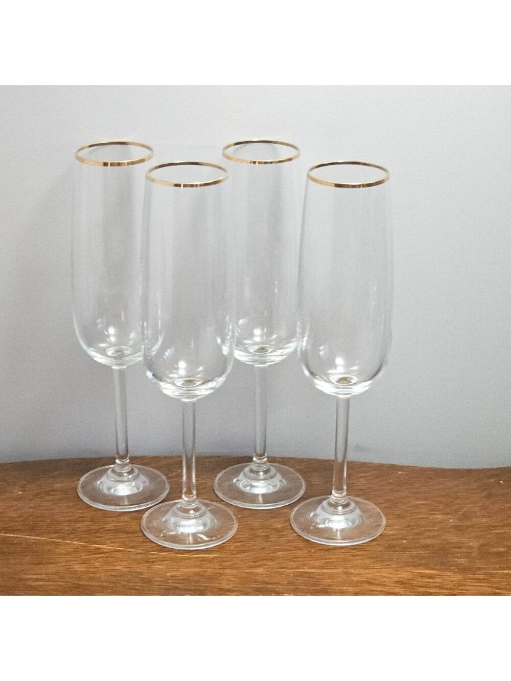 4 Retro Gold Rim Champagne Glasses 8" sleek smooth crystal glassware 6oz